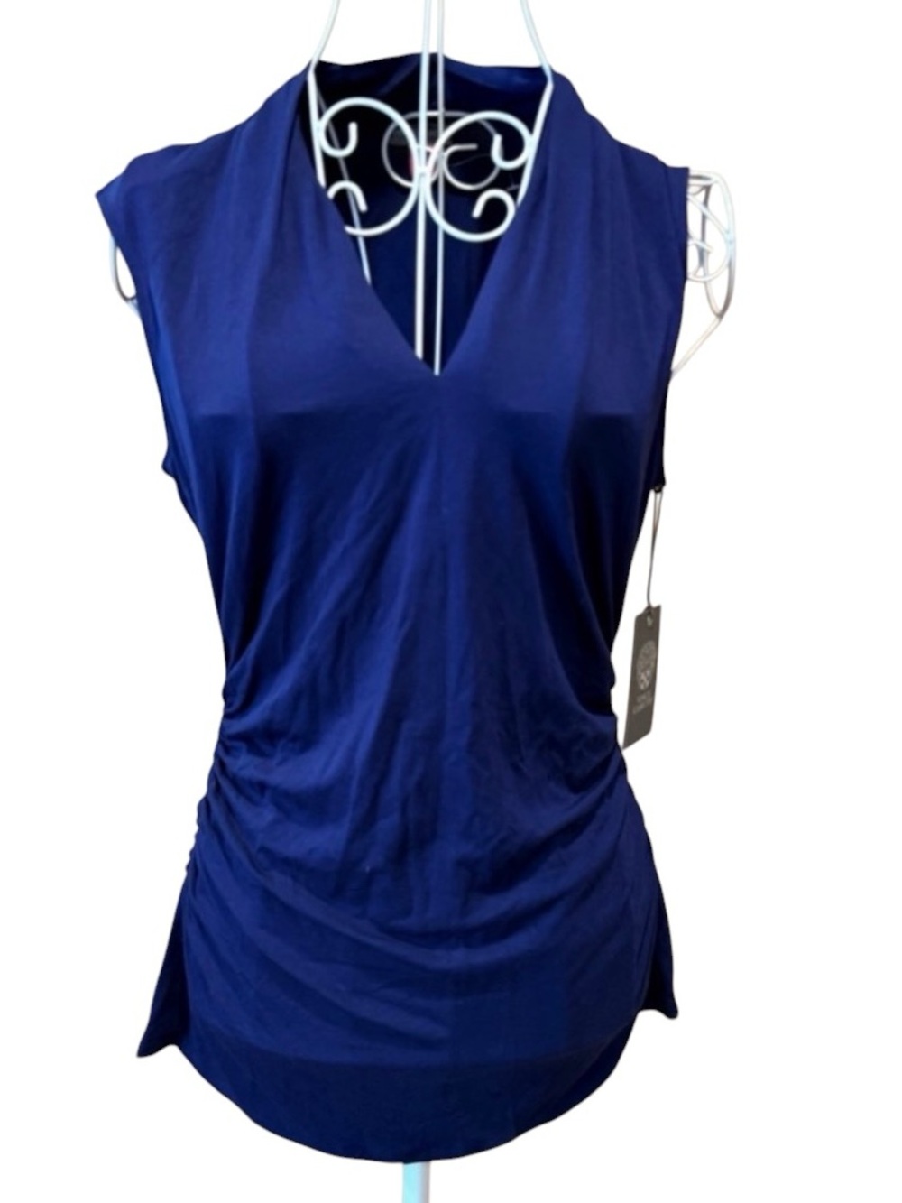 Vince Camuto Sleeveless V Neck Ruched Top Navy NWT M